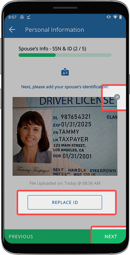 12 - Spouse ID - Replace to re-upload or enter manually or Next to go to the next step - v1