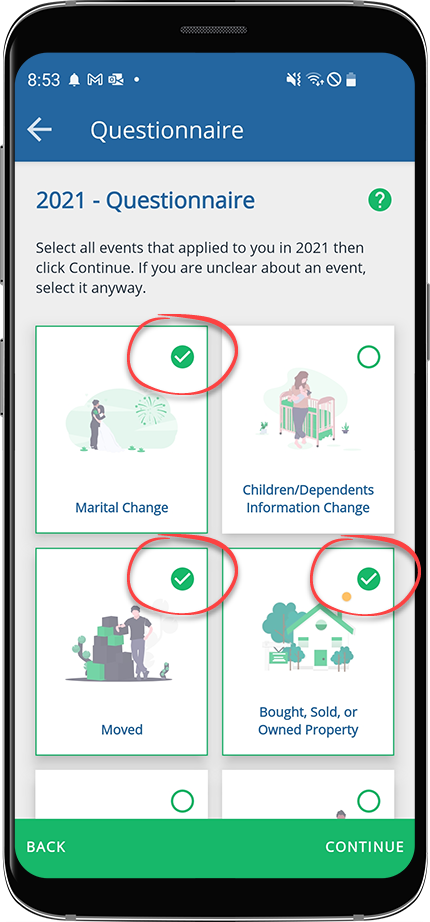Android user selecting life-changing events