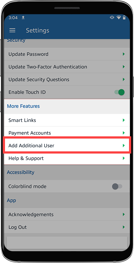 Add Additional User option of settings