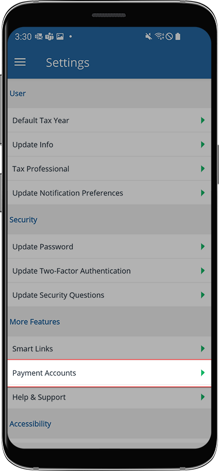 Payment Accounts option of settings