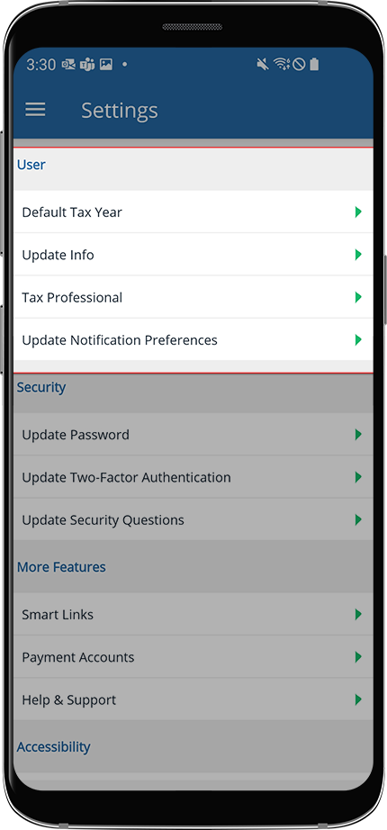 User section of settings