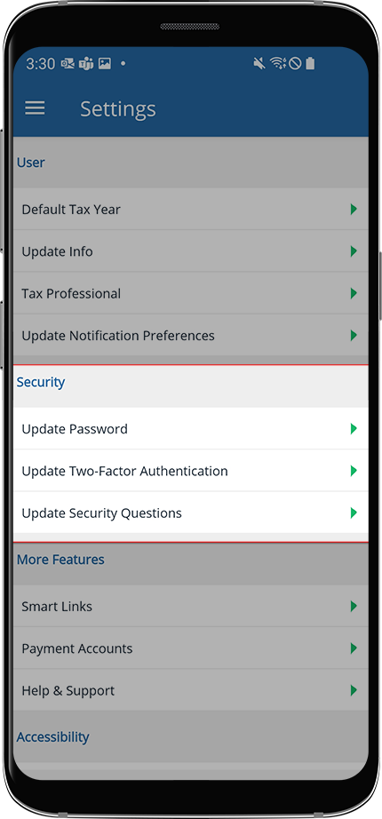 Security section of settings