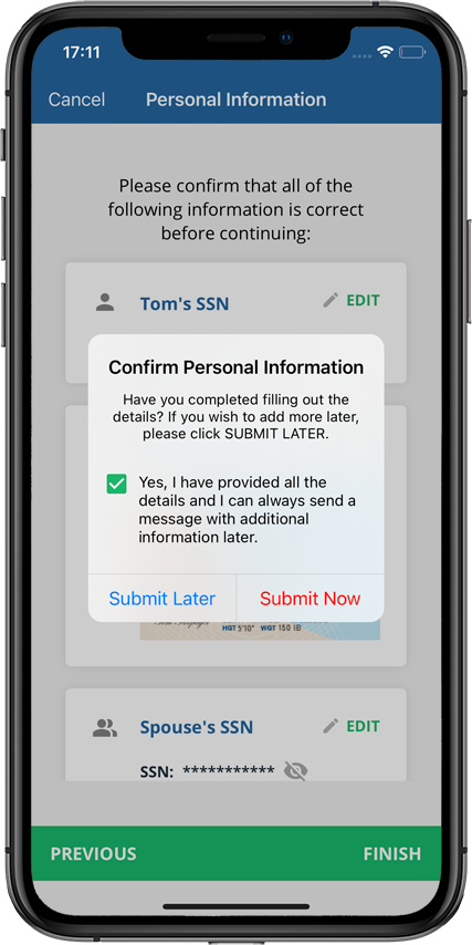 Final dialog box asking to confirm before submitting Personal information